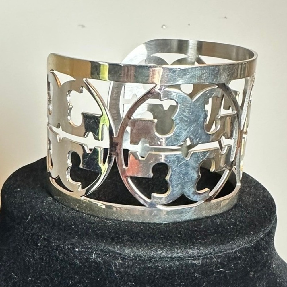 Tory Burch Reva Wide Logo Cutout Cuff Bracelet Silver - Picture 3 of 3